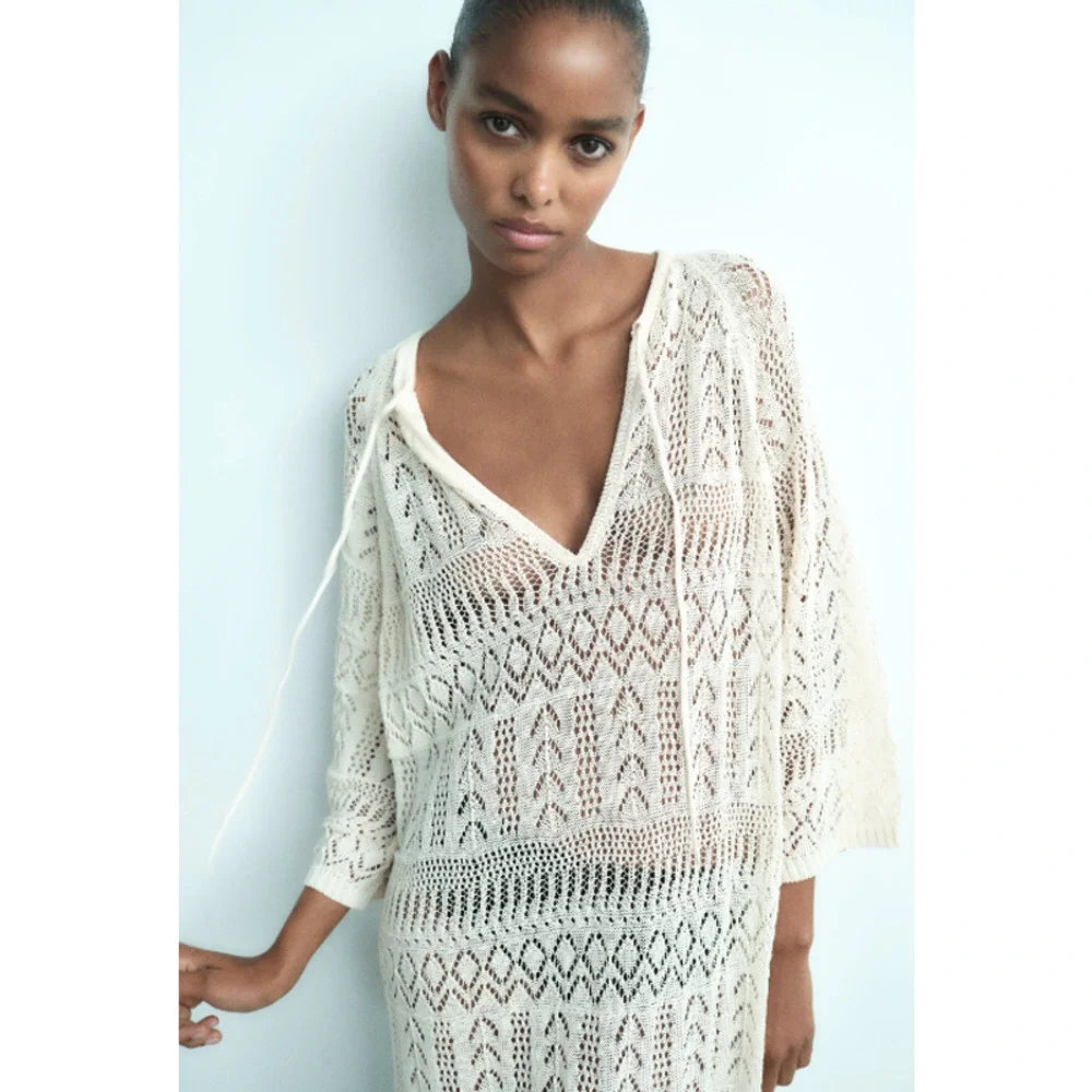 ZARA Crochet Maxi Dress Sheer Open Knit Long Sleeve Beach Cover Up Dress, Cream - Picture 3 of 14